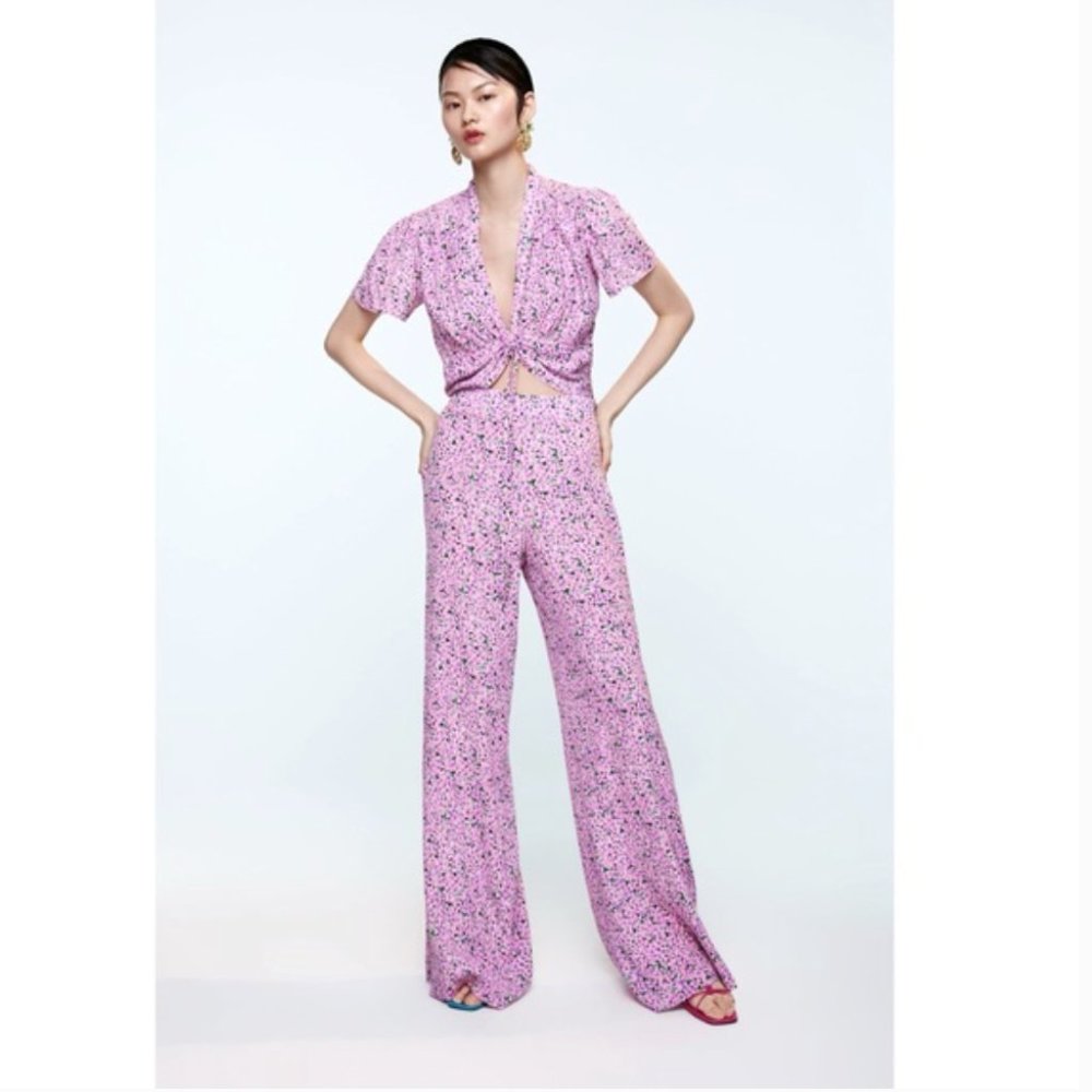 Zara pink floral wide leg pants XS NWT